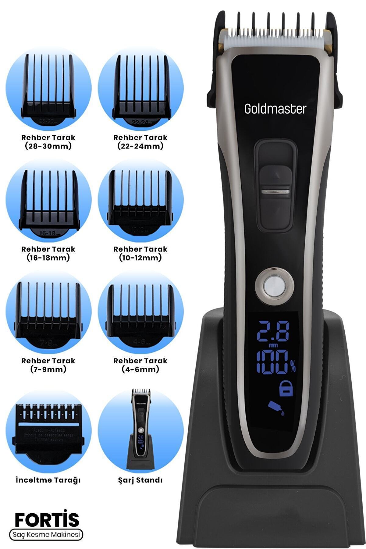 GoldMaster Fortis Şarj Standlı Dijital Ekranlı Hızlı Şarj Standlı Kablolu Kablosuz Saç Sakal Kesme Makinesi