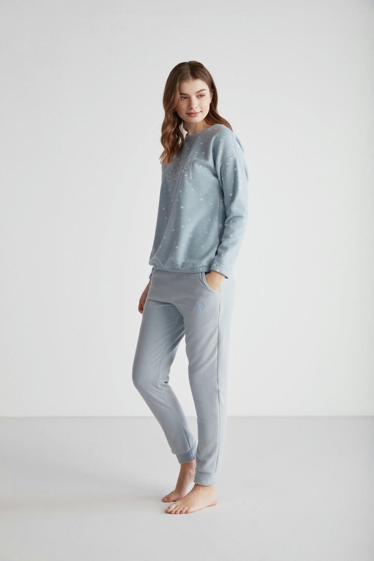 U.S. Polo Assn. Kadın Pamuklu Mavi Yuvarlak Yaka Dar Paça 2'li Pijama Takımı