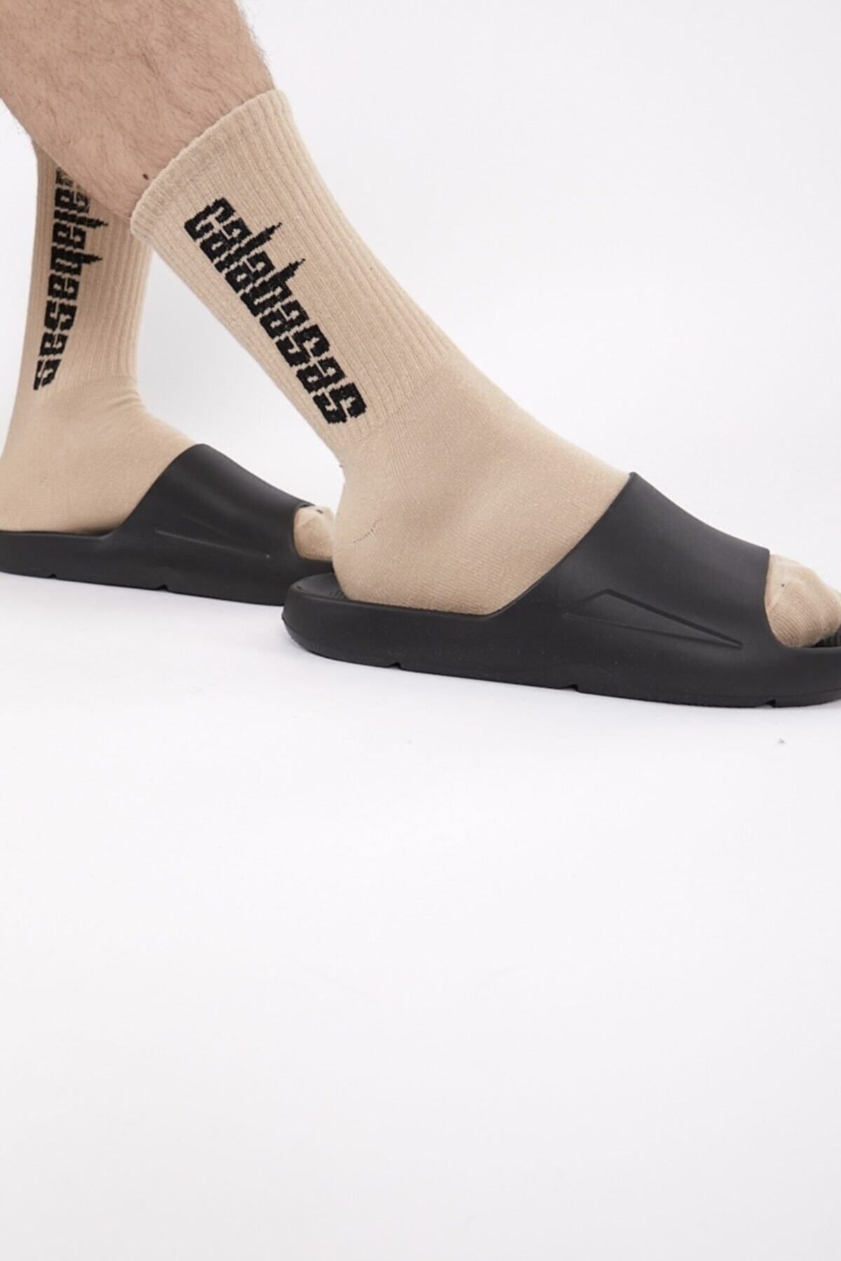 BOSHETTI Unisex Yıkamalı Premium Sloganlı Dust Bej 3'lü Paket Spor Çorap