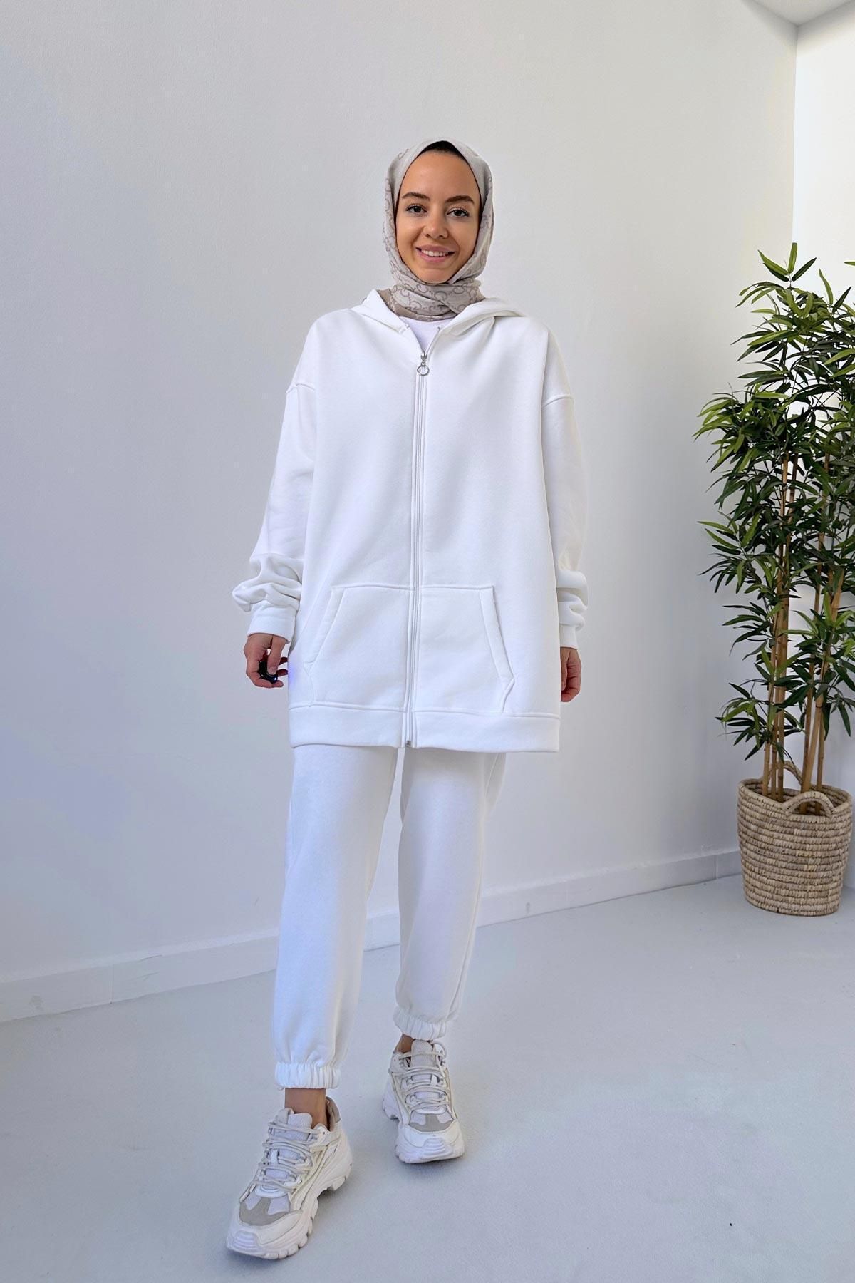 Ka Hijab Kapüşonlu Şardonlu Tesettür Eşofman Takımı - Beyaz