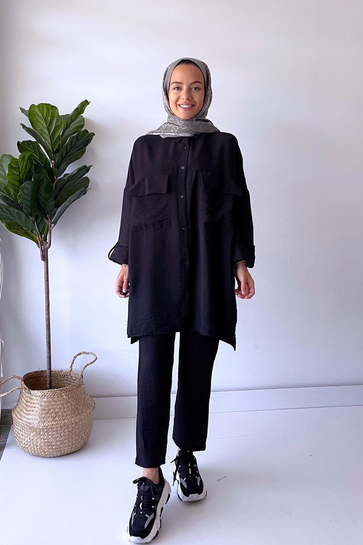 Ka Hijab Cep Detay Tesettür Keten Takım - Siyah