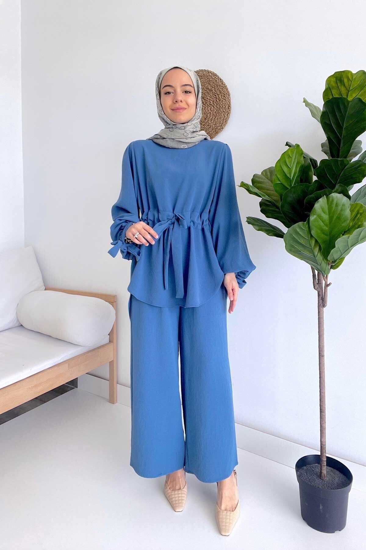 Ka Hijab Beli Kuşaklı Takım - Mavi