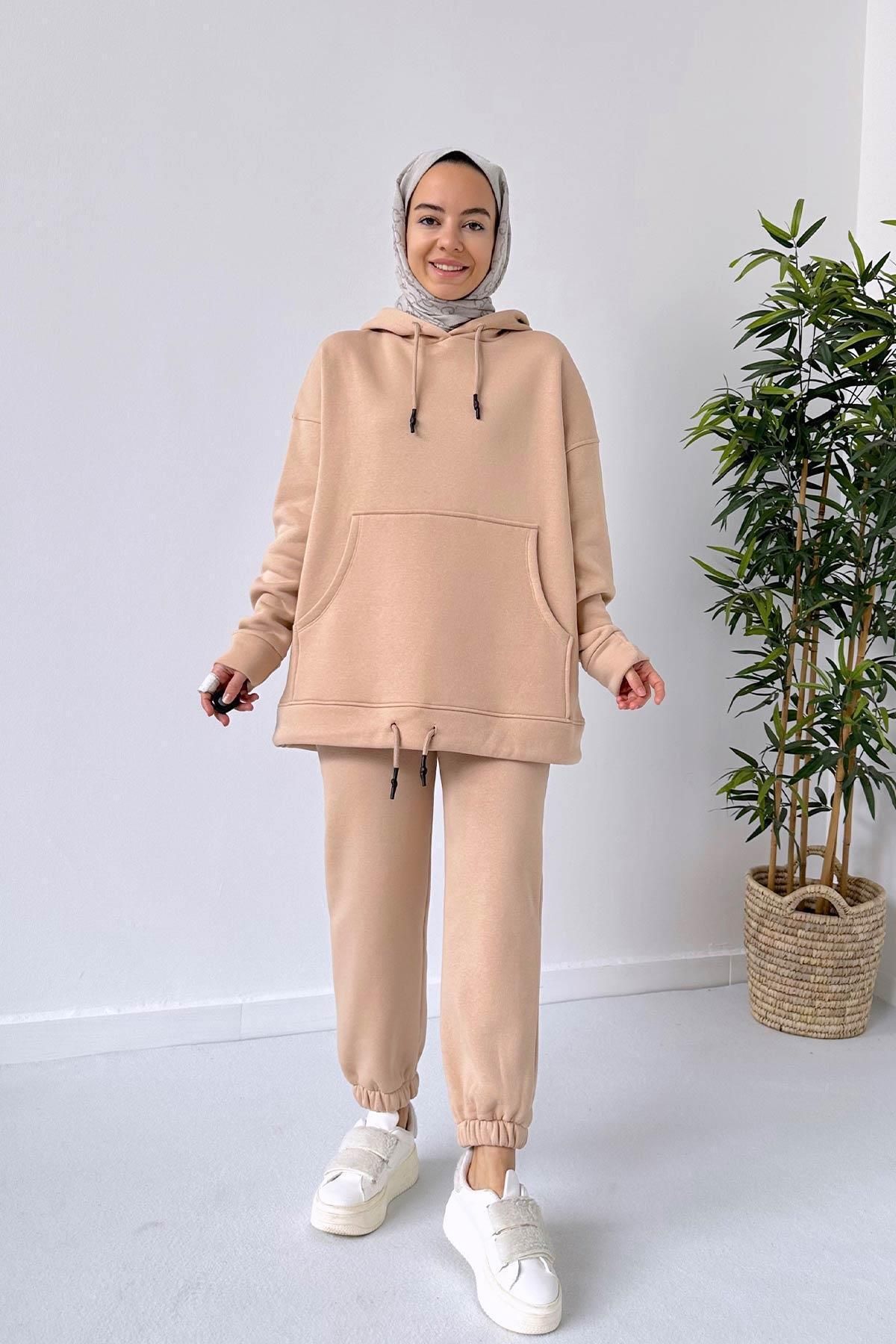 Ka Hijab Bileği Lastikli 3 Iplik Tesettür Eşofman Takımı - Camel