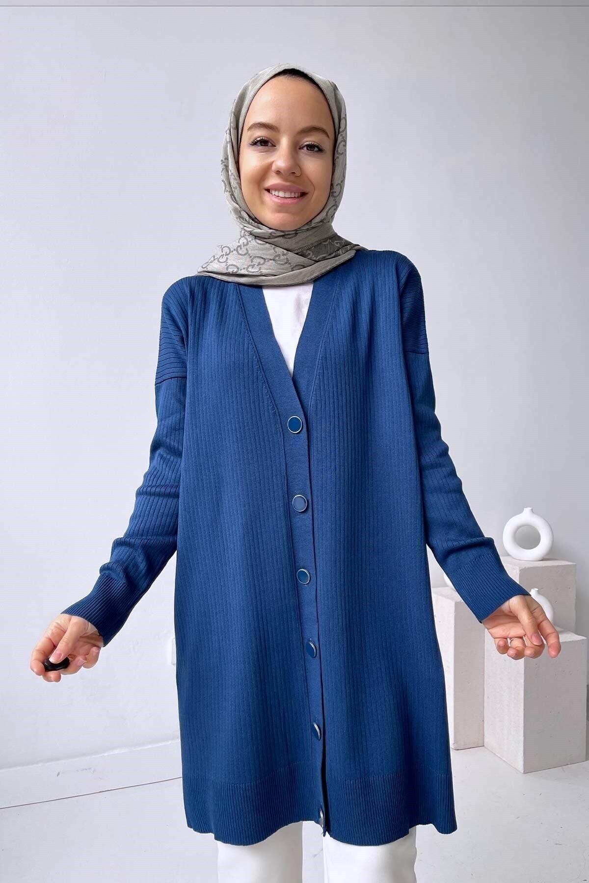 Ka Hijab Button Fitilli Merserize Hırka - Petrol Mavi