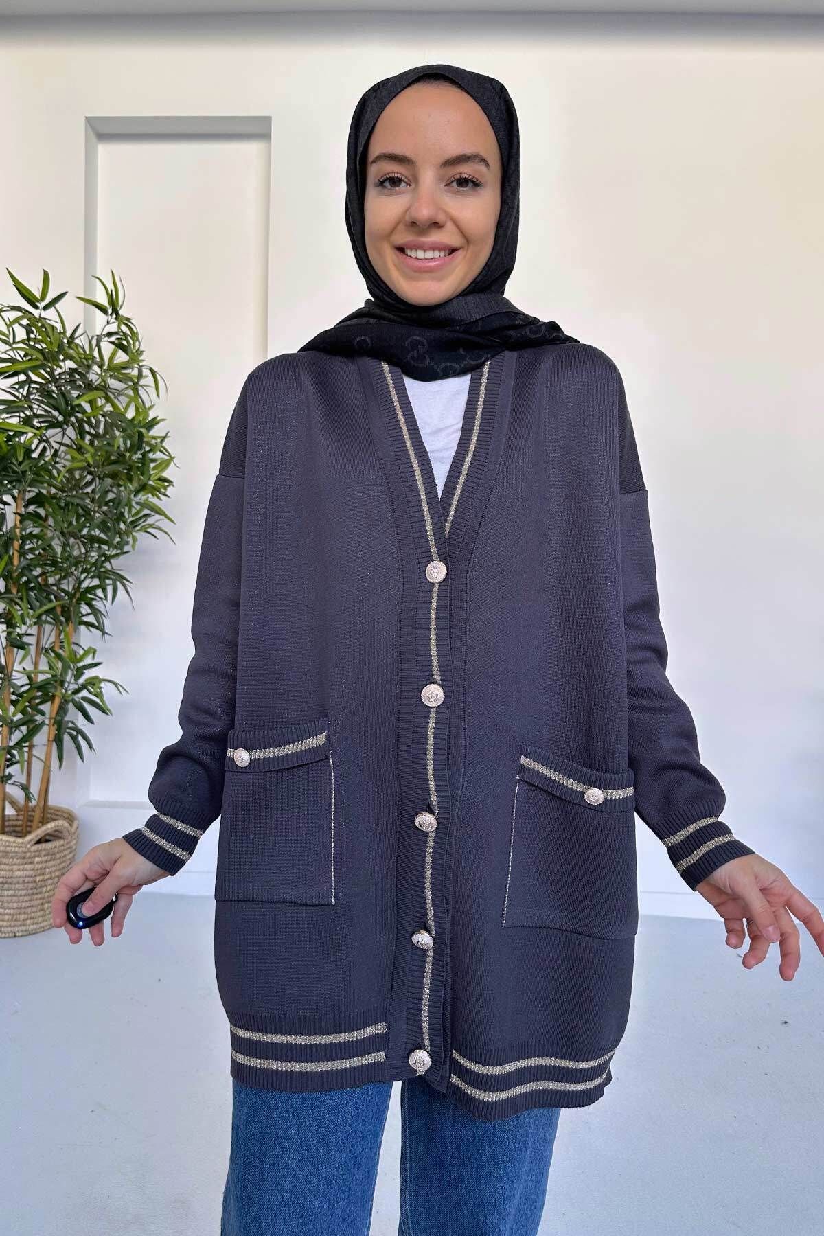 Ka Hijab Çift Cep Işıltılı Merserize Tesettür Hırka - Füme