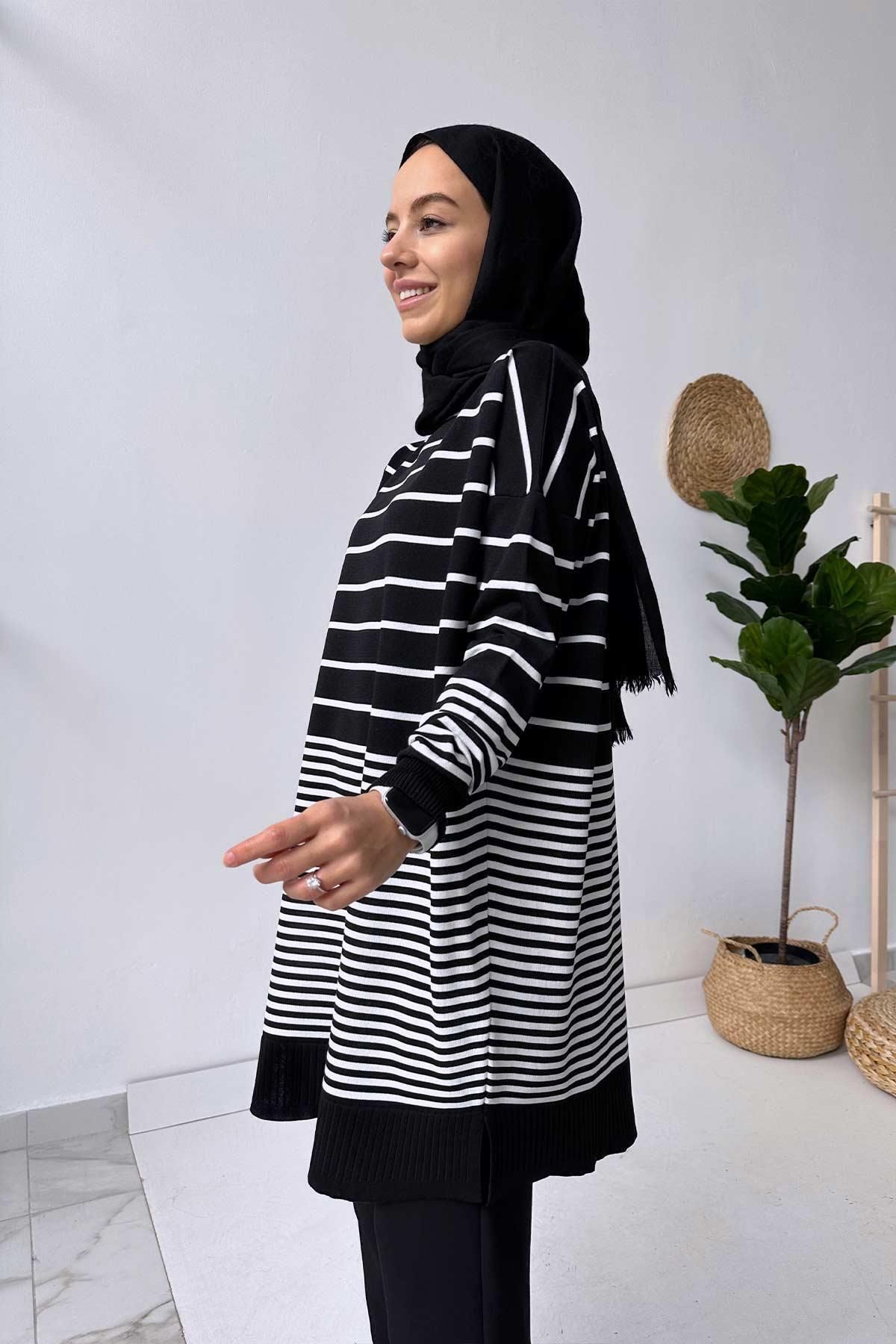 Ka Hijab Bns Çizgili Merserize Tunik - Siyah/Beyaz