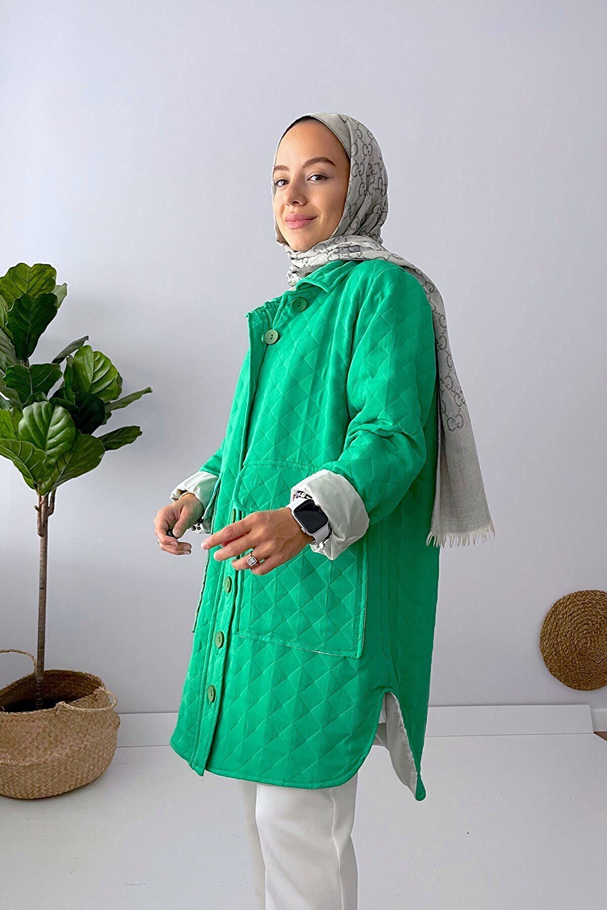 Ka Hijab Çift Cep Astarlı Mevsimlik Tesettür Ceket Mont - Yeşil