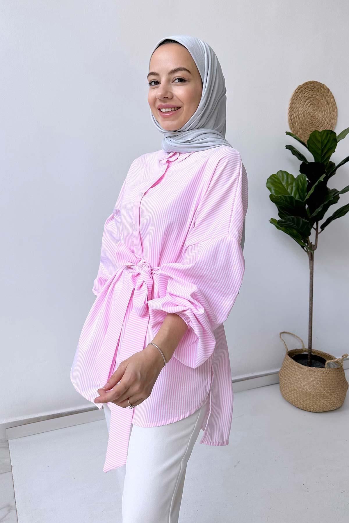 Ka Hijab Balon Kol Çizgili Gömlek - Pembe