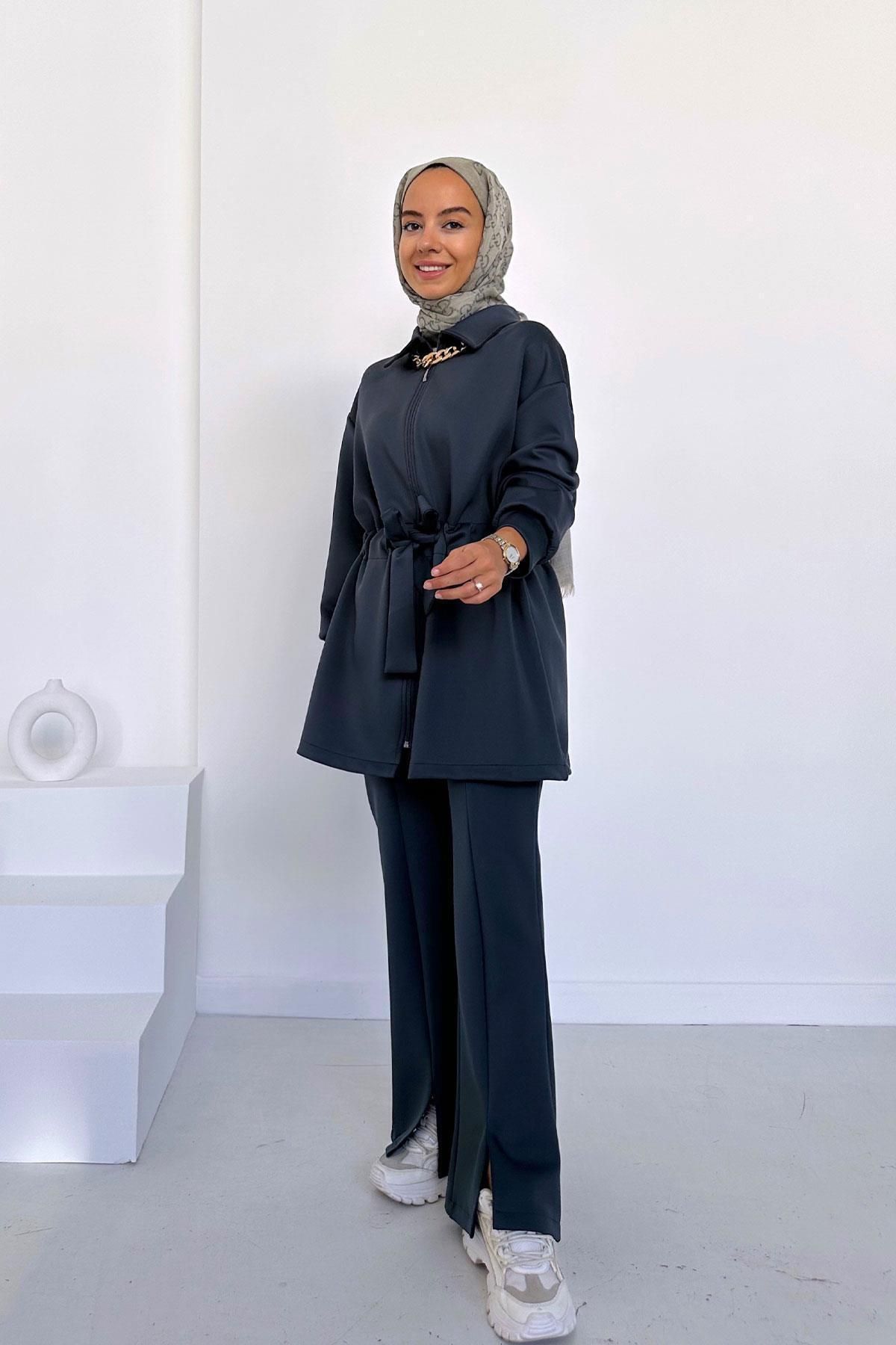 Ka Hijab Kolye Detay Scuba Takım - Füme