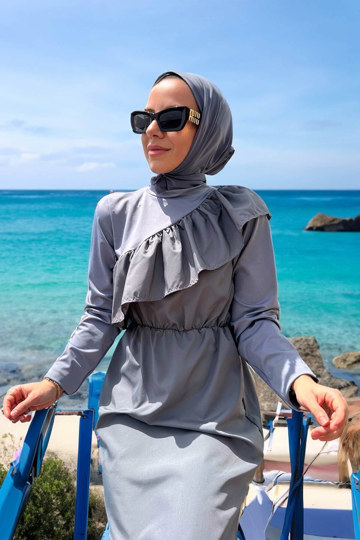 Ka Hijab Fırfır Detay Tam Kapalı 2'li Tesettür Mayo - Gri