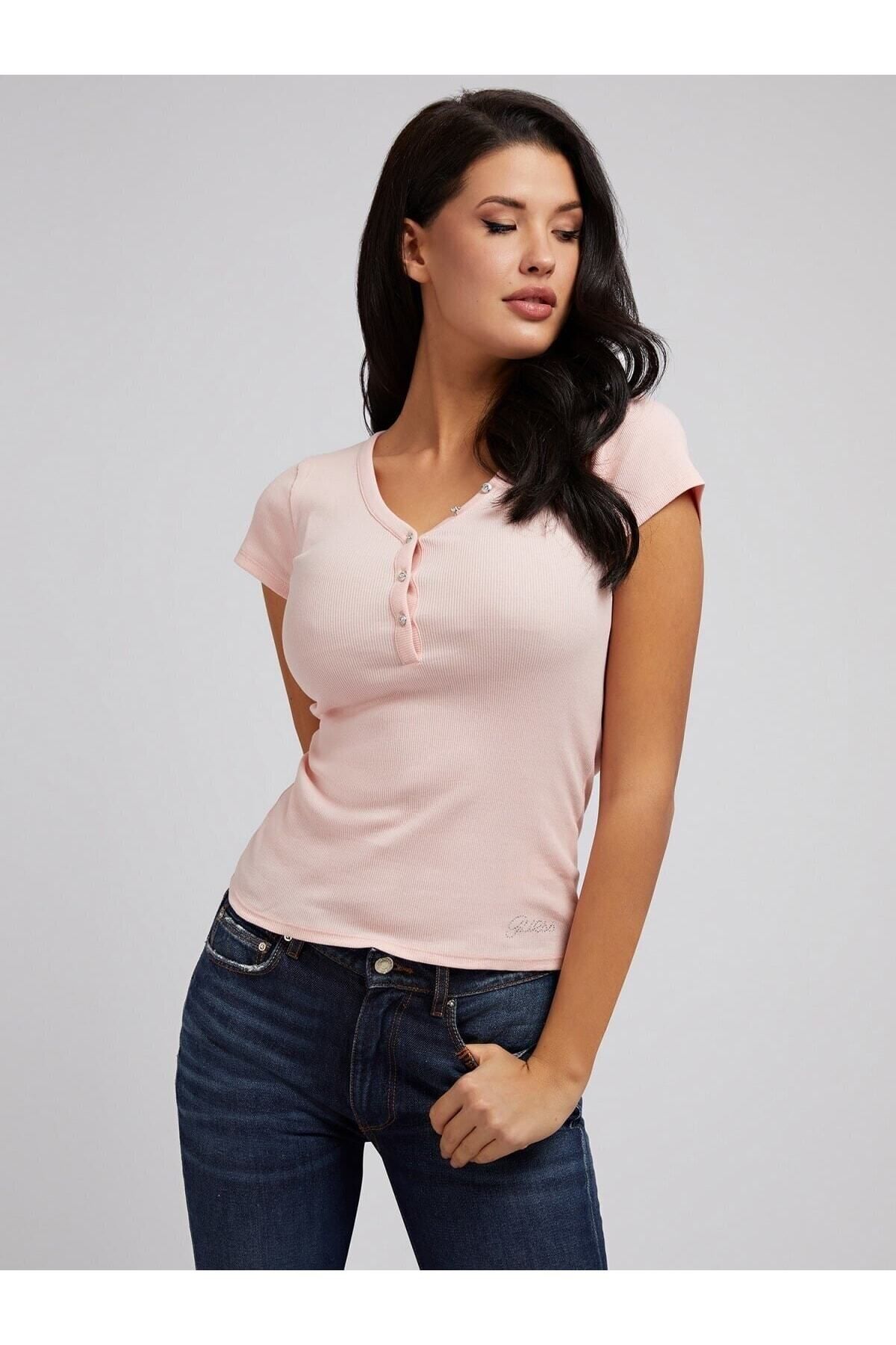 Guess Es Ss Neck Logo Pembe Kadın Tişört