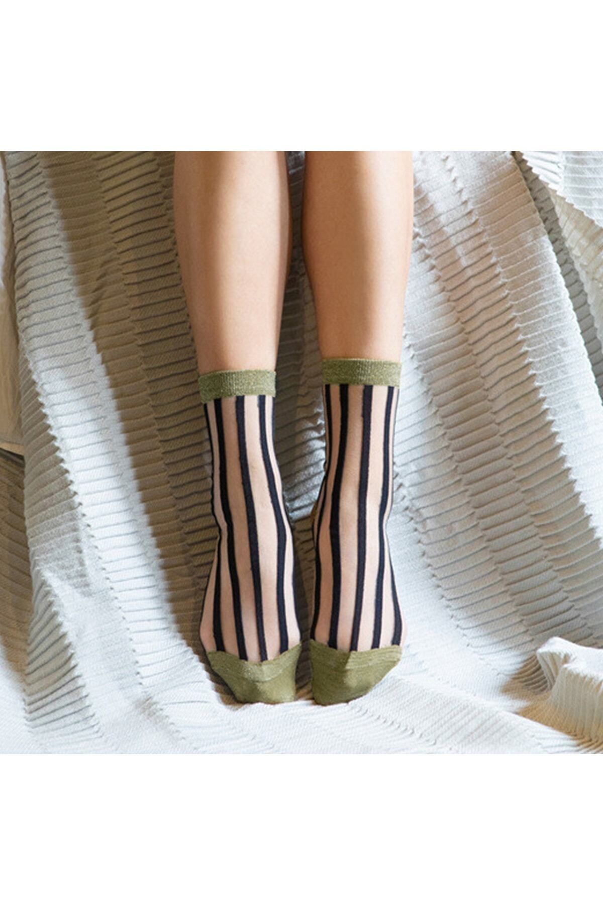 Bolero Japon Kore Tarzı Şeffaf Transparan Kadın Çorap Siyah Çizgili