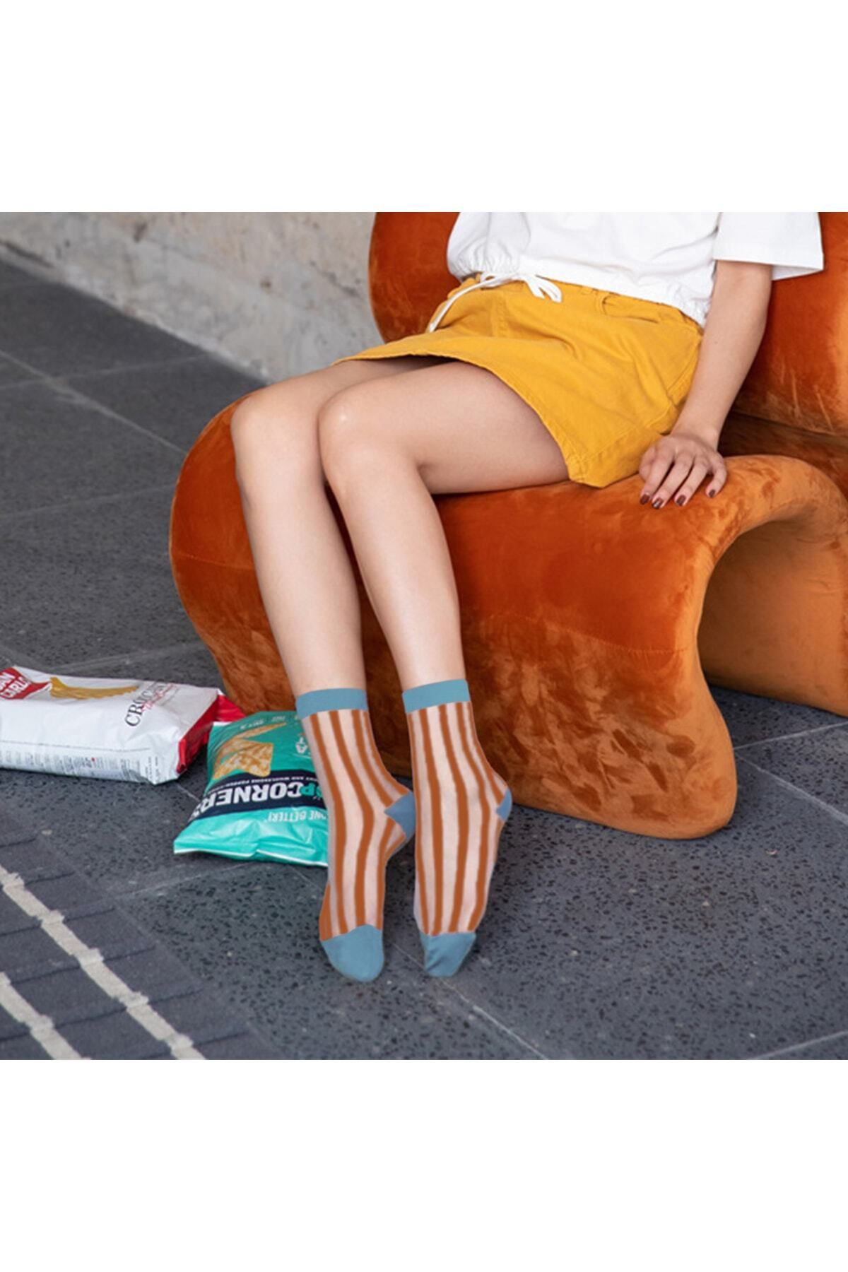 Bolero Japon Kore Tarzı Şeffaf Transparan Kadın Çorap Turuncu Çizgili