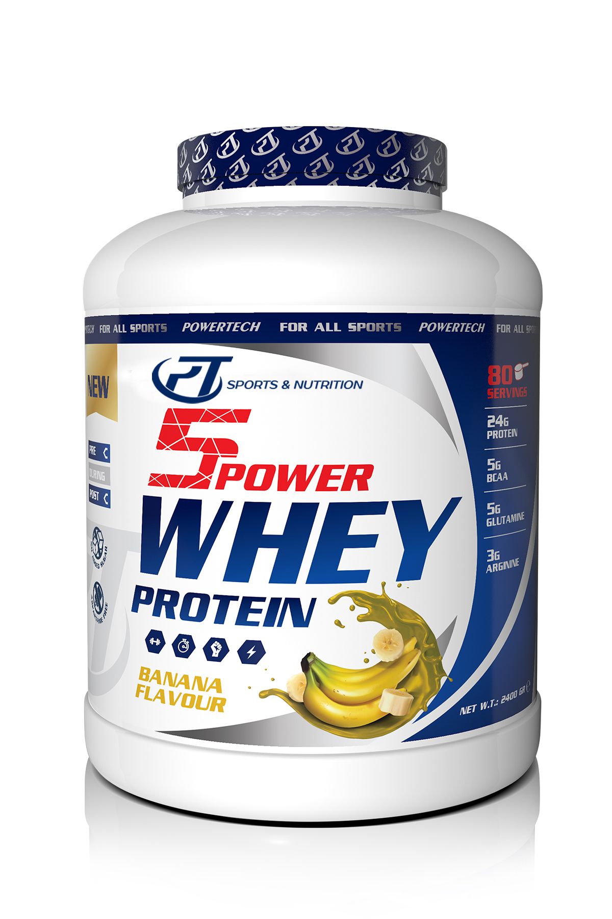 POWERTECH 5Power Whey Protein 2400g Muz Aromalı Protein Tozu