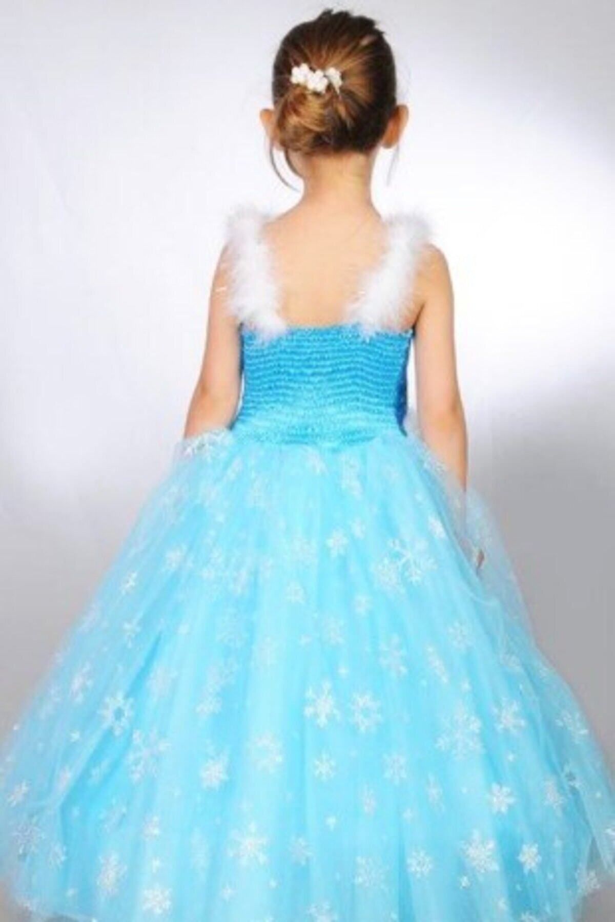 Parti Selesi Karlar Ülkesi Frozen Elsa Kostüm Mavi Tarlatanlı Askılı Elbise Kız Çocuk Kıyafet
