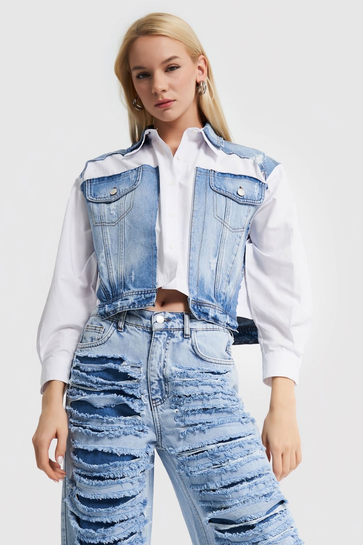 its basic Kadın Beyaz Kot Rengi Çift Parçalı Tasarım Denim Gömlek