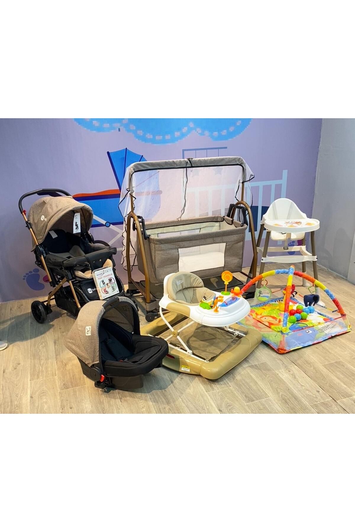 TURHAN BEBE Yeni Doğan Rocco Lüx Çeyiz Seti Bebek Arabası + Puset+Beşik +Yürüteç + Mama Sandalyesi + Oyun Halısı