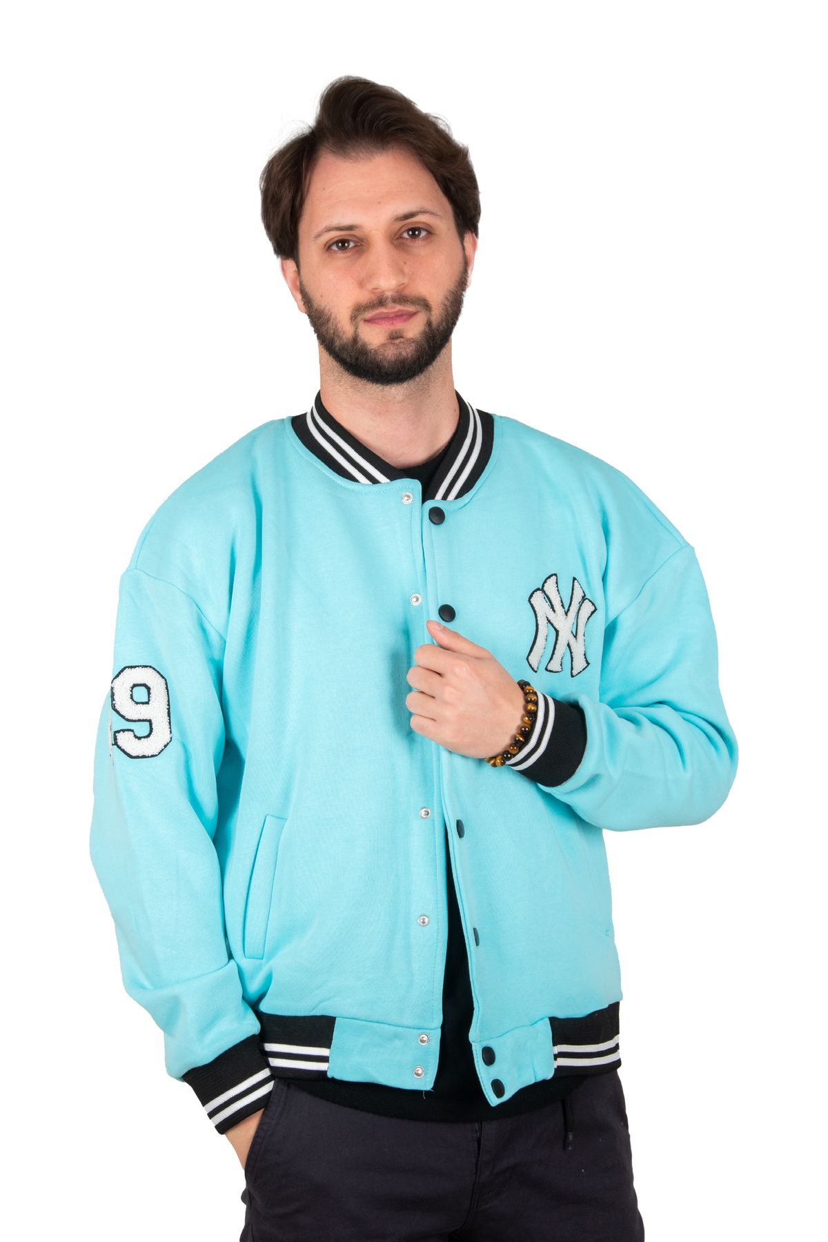 DeepSea Erkek Açık Mavi Spor Oversize Çıtçıtlı Kolej Yaka Bomber Mont 2304760