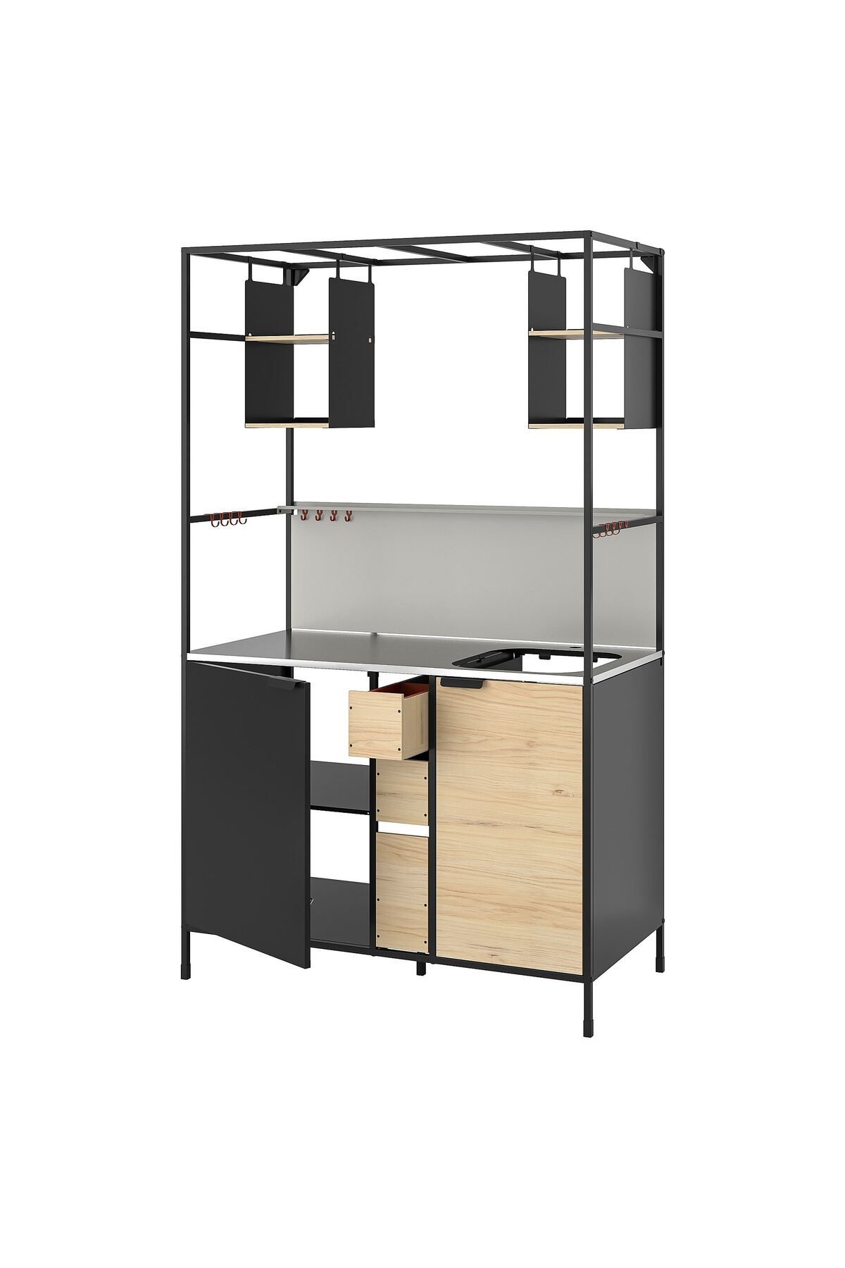 IKEA ÄSPINGE mini mutfak, siyah-dişbudak, 120x60x202 cm