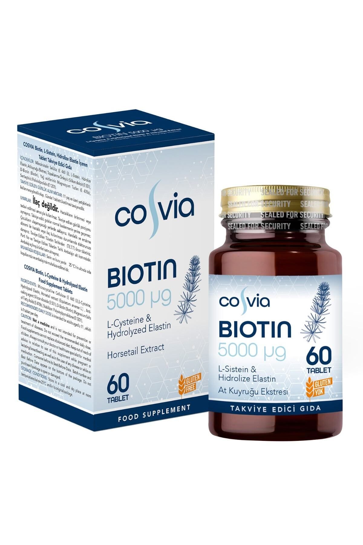 COSVIA Biotin 5000 Mcg. L-sistein, Hidrolize Elastin, At Kuyruğu Ekstresi 60 Tablet