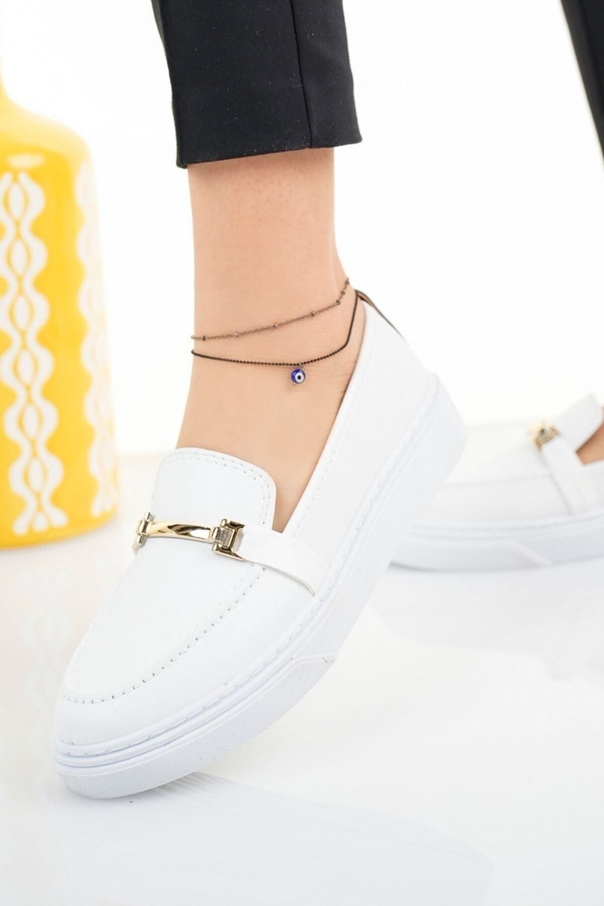 Modafırsat Kadın Beyaz Kalın Taban Loafer Ayakkabı Iş Ofis Günlük Ortopedik Babet Ayakkabı