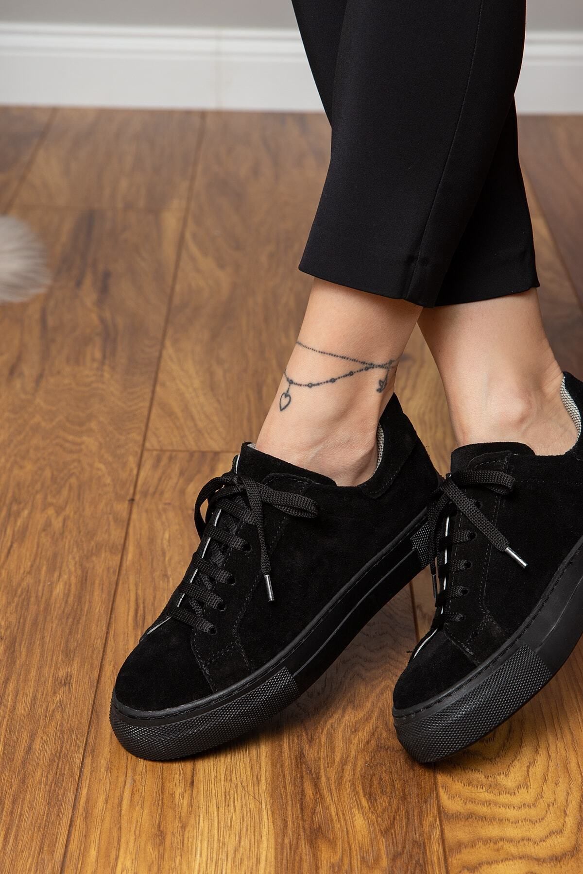 Deery Hakiki Süet Siyah Sneaker Kadın Ayakkabı