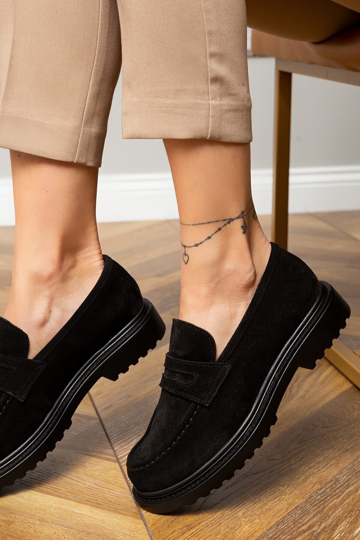 Deery Hakiki Süet Siyah Loafer Kadın Ayakkabı