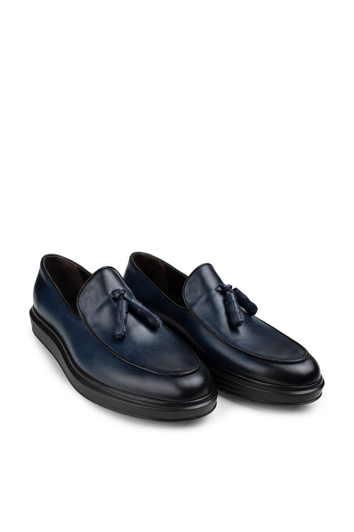 Deery Hakiki Deri Mavi Püsküllü Comfort Erkek Loafer Ayakkabı