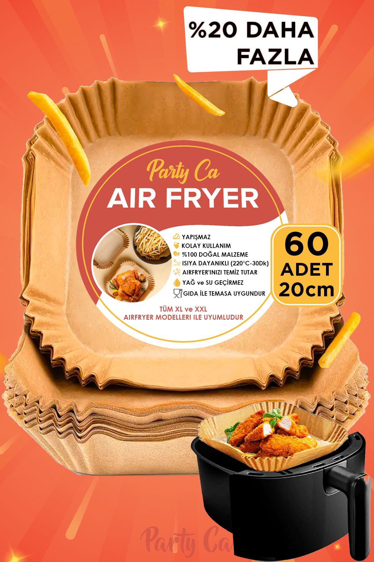 PARTY CA Airfryer Pişirme Kağıdı 60 Adet 20cm Kare Model Airfryer Yağsız Fritöz Philips Xxl Xiaomi