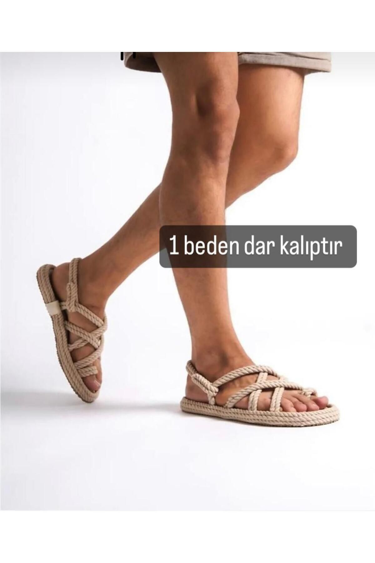 Pinkada Unisex Bej Organik Halat Ip Sandalet- 1 Beden Dar Kalıptır