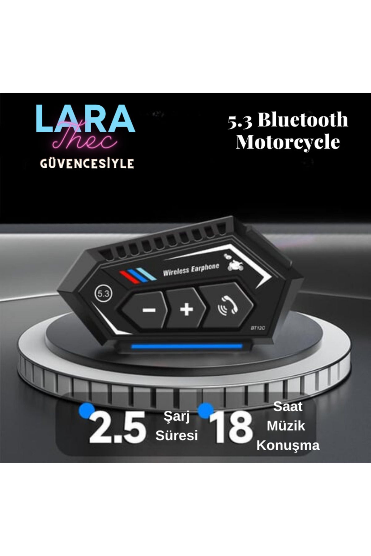 LaraThec İphone11-12-13-14-15 Uyumlu BT12C Bluetooth 5.3 Motosiklet Kask Su Geçirmez 1000mAh