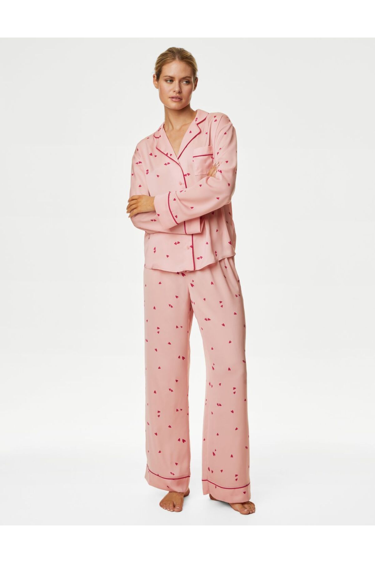 Marks & Spencer Dream Satin™ Kalp Desenli Uzun Kollu Pijama Takımı