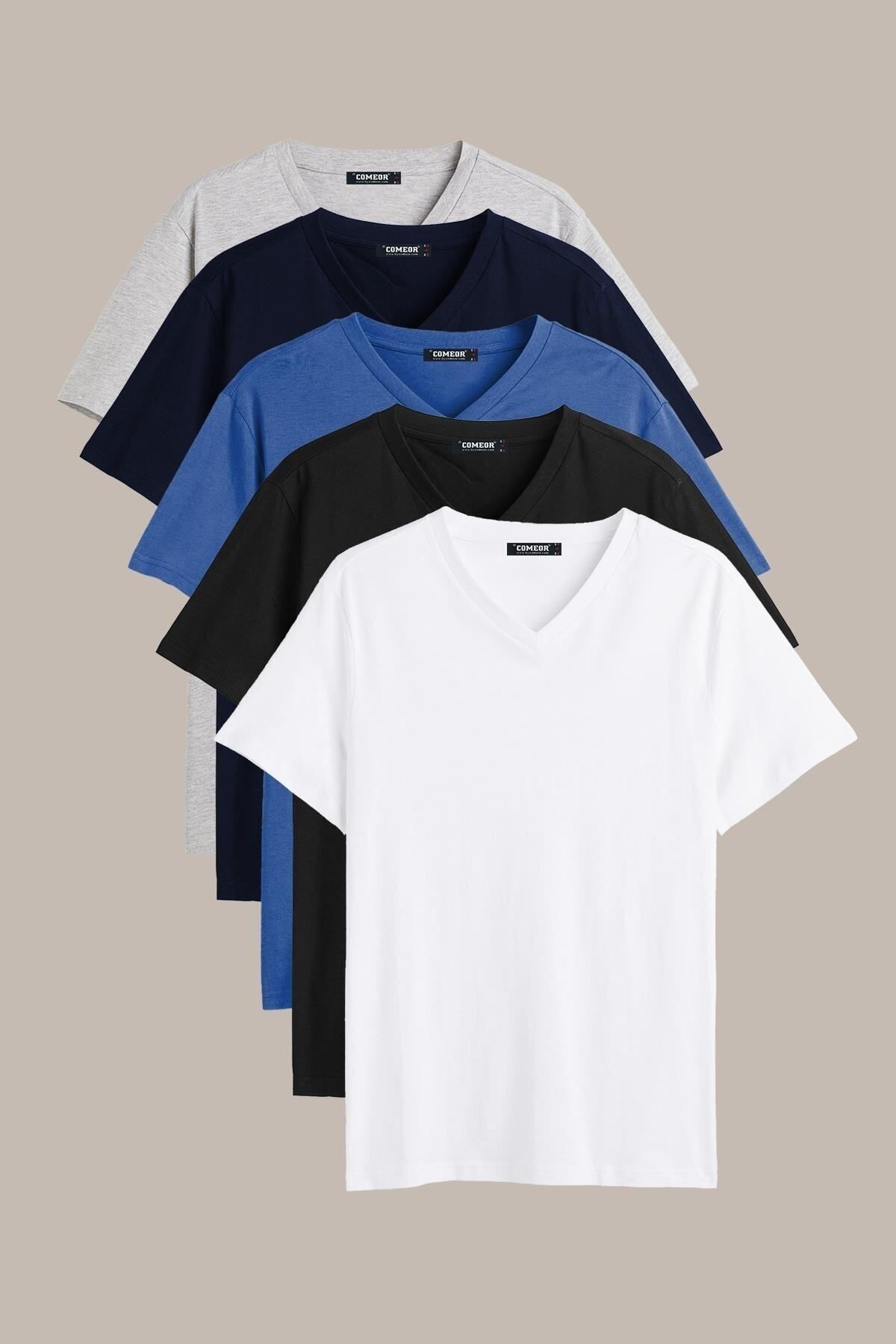 COMEOR Erkek Çok Renkli T- Shirt Regular Fit Rahat Kesim V Yaka 5'li Basic Tişört Paketi