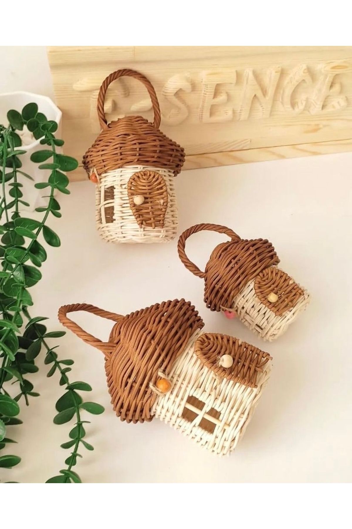 Bohodella 3’lü Dekoratif Rattan Bambu Hasır Mantar Sepet, Çocuk Odası Hasır Sepet