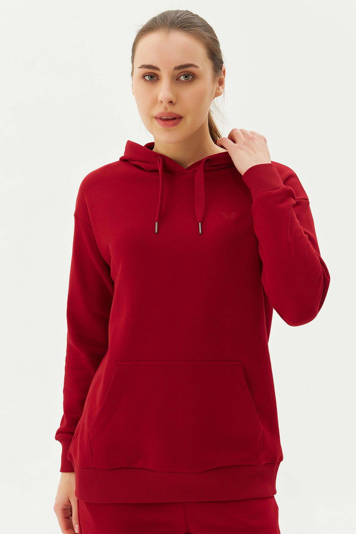 bilcee Kadın Bordo Kapüşonlu Kanguru Cepli Pamuklu Spor Düz Renk Sweatshirt 8785