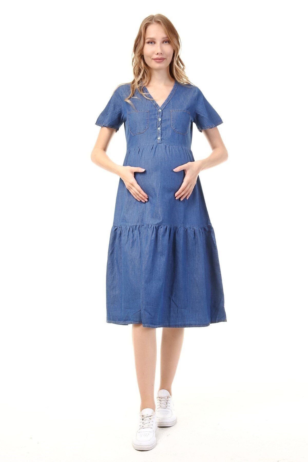 Luvmabelly Myra5025 - Hamile Elbisesi Kot Düğmeli Ve Cepli - Mavi