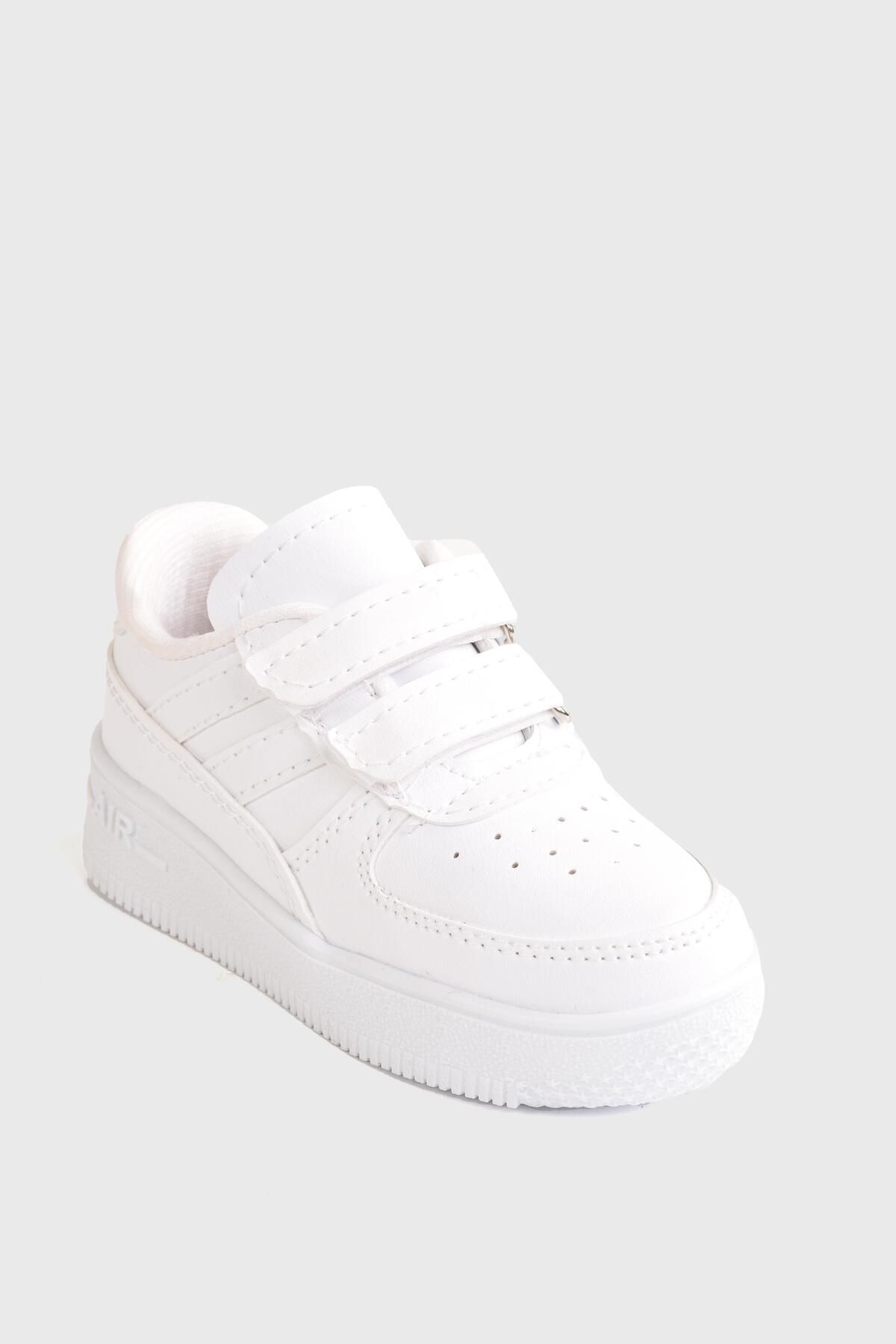 MODAONN Günlük Unisex Çocuk Şeritli Beyaz Sneaker Cırtlı Hafif Rahat Spor Ayakkabı