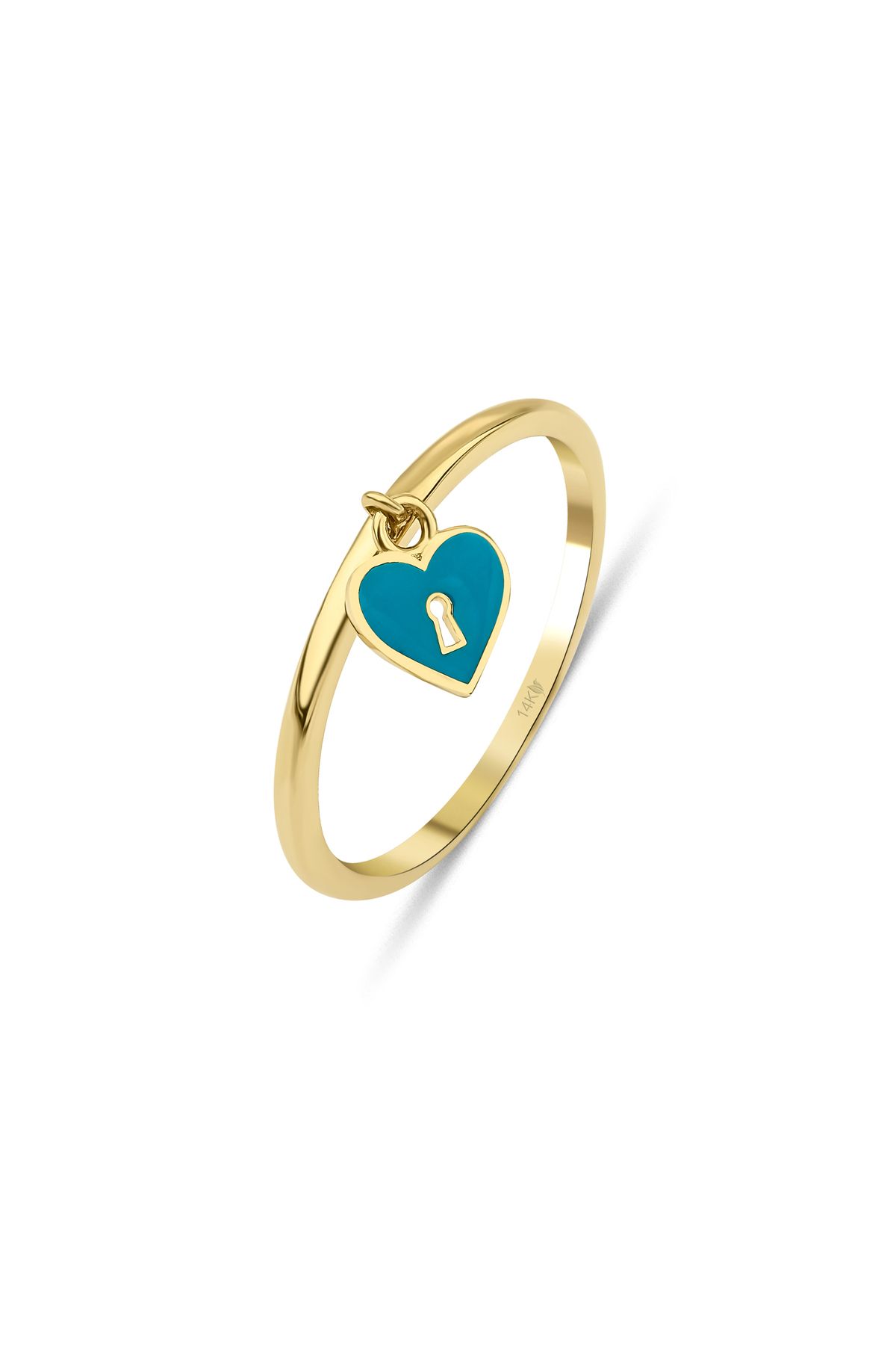DesignbyKairos 14 Ayar Altın Open Lock Heart Pacific Blue Enamel Charm Yüzük