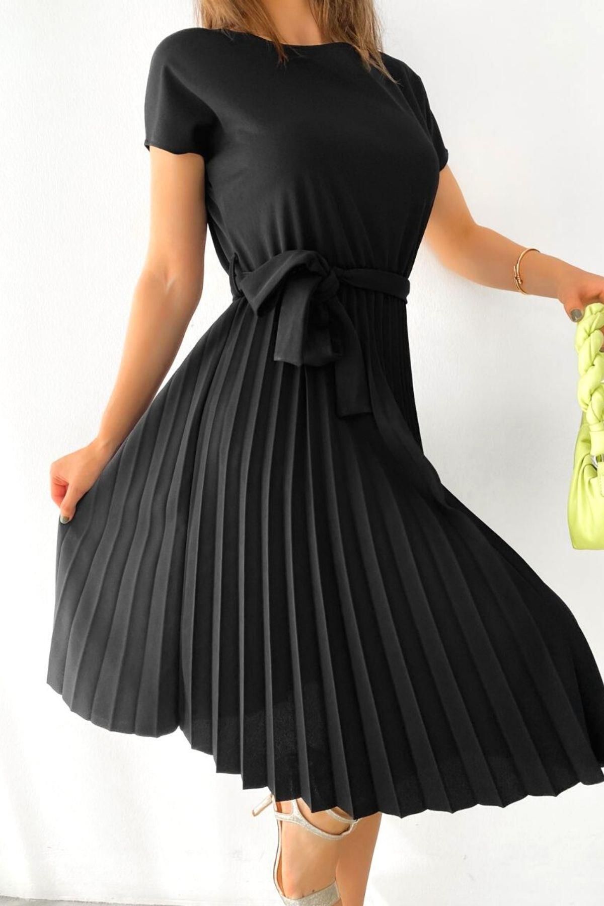 Mossta Piliseli Kuşaklı Krep Elbise Siyah 582059