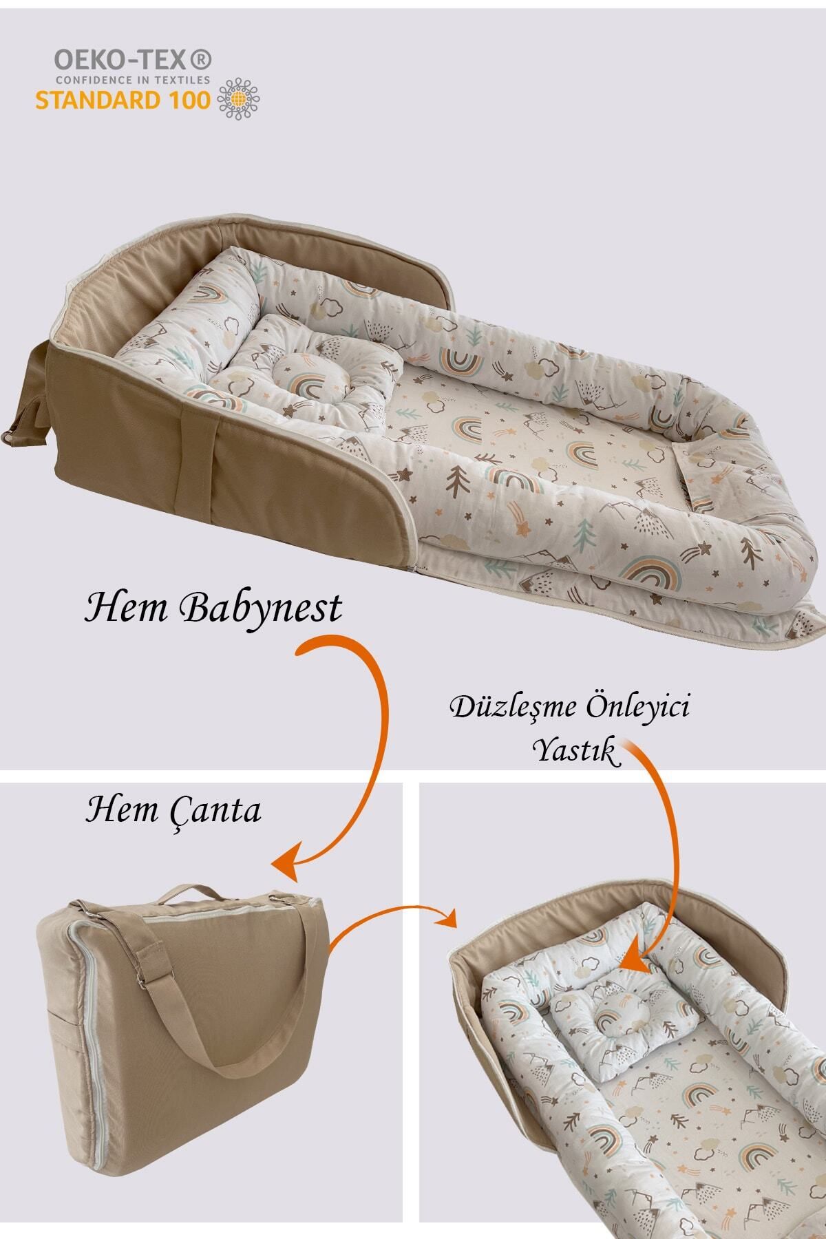 Jaju Baby Kahve Dağ Desenli Çantalı Babynest Bebek Çantası Taşınabilir Anne Yanı Yatağı Baby Nest