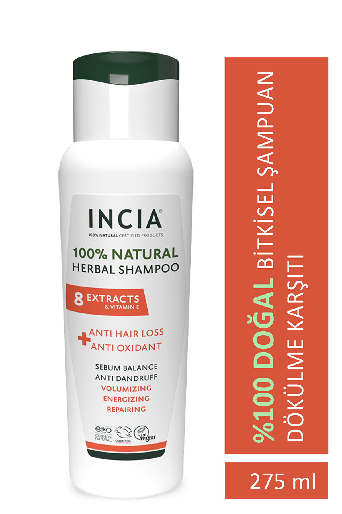 INCIA Doğal Saç Dökülmesine Karşı Etkili Şampuan 275 ml | 8 Bitki Ekstresi | Vegan