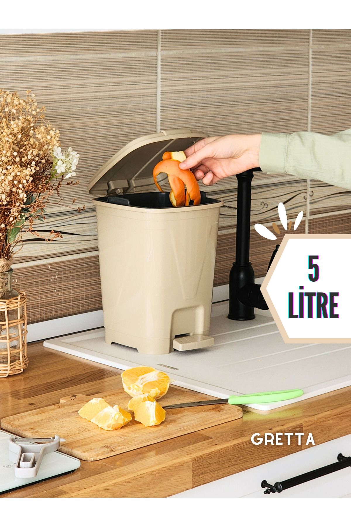 Gretta 5 Litre Bej Kare Pedallı Çöp Kovası - Mutfak Tezgah Üstü, Banyo Ve Ofis Için Çöp Kovası