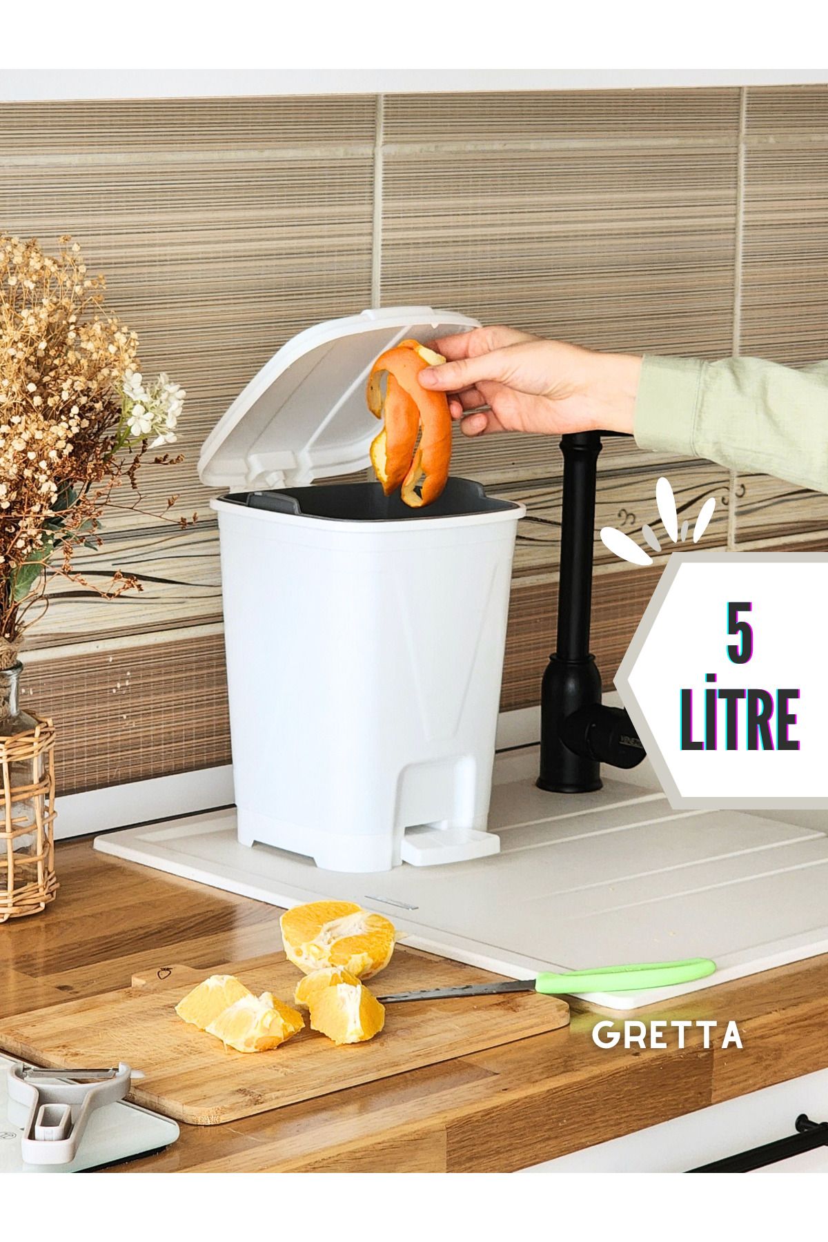 Gretta 5 Litre Beyaz Kare Pedallı Çöp Kovası - Mutfak Tezgah Üstü, Banyo Ve Ofis Için Çöp Kovası