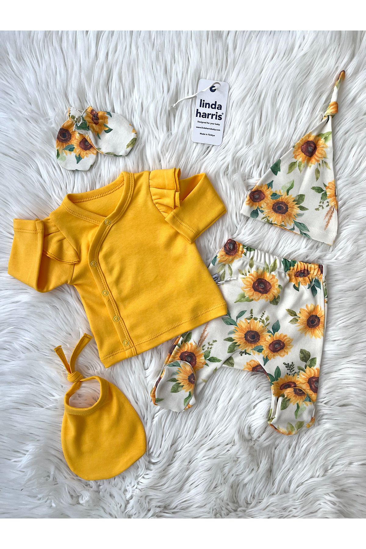 Linda Harris Sunflower Pattern Sarı 5'li Yenidoğan Kız Bebek Hastane Çıkışı Seti