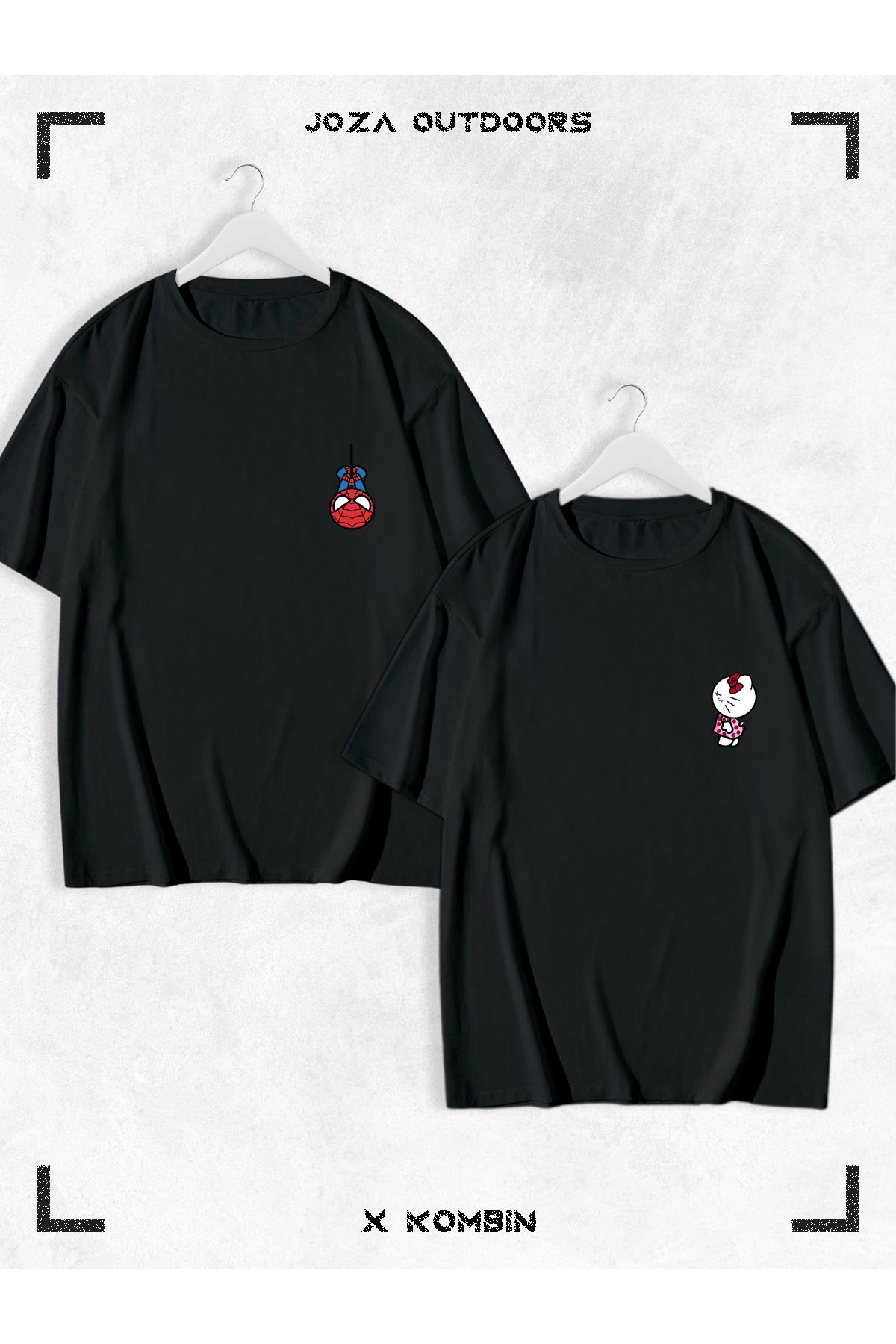 Joza Outdoors Kadın Erkek Unisex Hello Kitty Spiderman Sevgili Çift Kombini Oversize Renkli Tshirt 2'li Takım