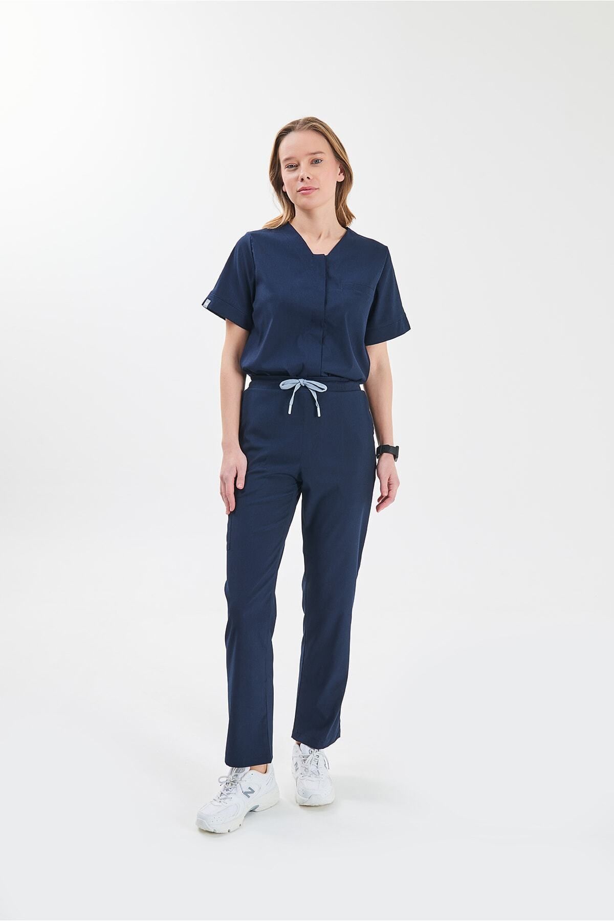 sar tekstil Refresh Kadın Lacivert Likralı Doktor Hemşire Forması Scrubs Cerrahi Takım