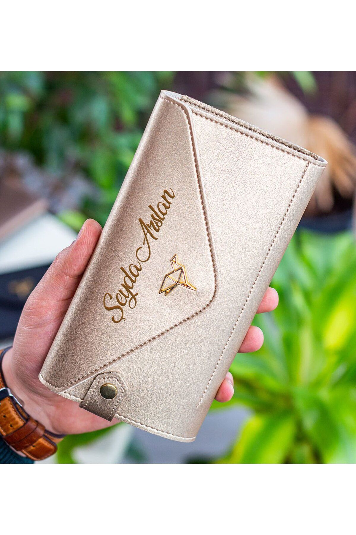 Bk Gift Kişiye Özel İsimli Telefon ve Bozuk Para Bölmeli Zarf Model Gold Kadın Cüzdanı, Sevgiliye He