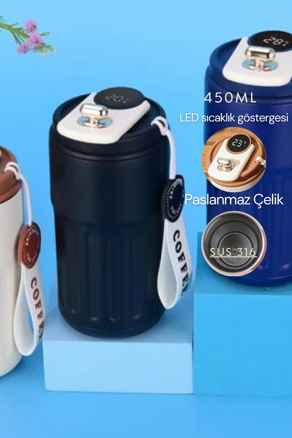 casno Dijital Göstergeli Paslanmaz 316 Çelik Termos 450mL Kaydırmaz Bardak Mug Kupa Termos