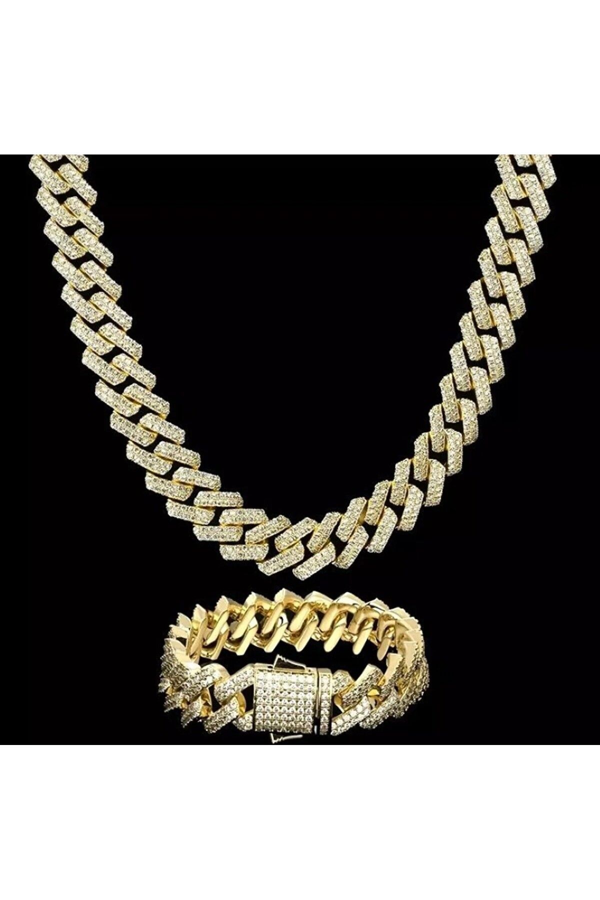 Elmas Dizayn Gürme Chain 56cm Uzun 20mm Kalın Gold Kolye Ve 20 mm. kalın Bileklik Set