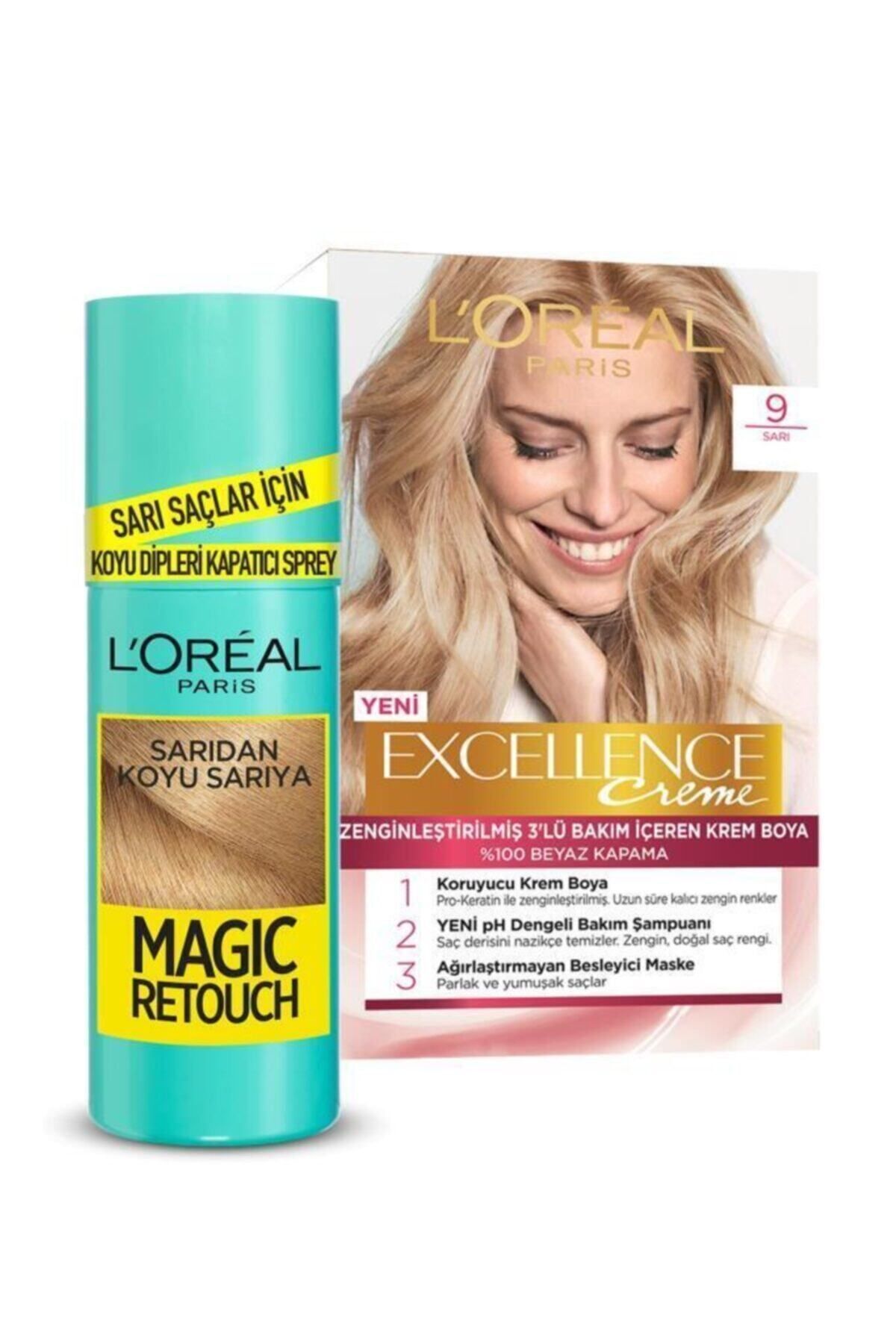 L'Oreal Paris Excellence Creme Saç Boyası 9 Sarı +L'Oréal Paris Magic Retouch Sprey 7.3 Koyu Sarı
